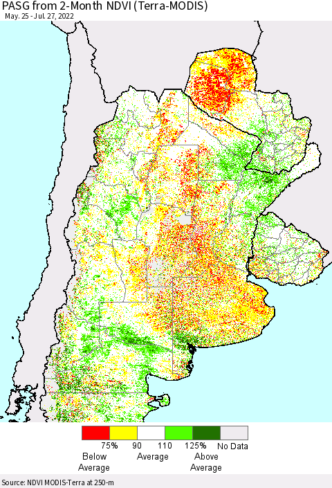 Southern South America PASG from 2-Month NDVI (Terra-MODIS) Thematic Map For 7/20/2022 - 7/27/2022