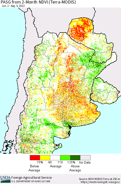 Southern South America PASG from 2-Month NDVI (Terra-MODIS) Thematic Map For 8/1/2022 - 8/10/2022