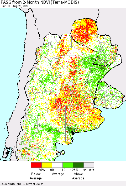 Southern South America PASG from 2-Month NDVI (Terra-MODIS) Thematic Map For 8/11/2022 - 8/20/2022