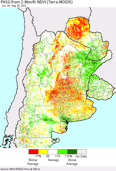 Southern South America PASG from 2-Month NDVI (Terra-MODIS) Thematic Map For 8/21/2022 - 8/28/2022