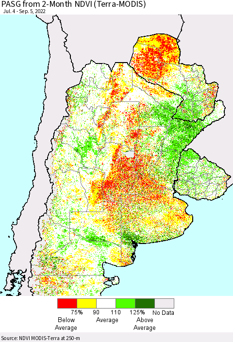 Southern South America PASG from 2-Month NDVI (Terra-MODIS) Thematic Map For 8/29/2022 - 9/5/2022