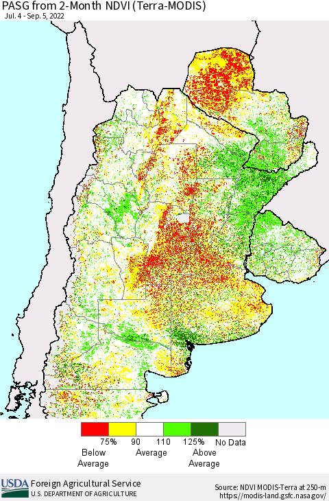 Southern South America PASG from 2-Month NDVI (Terra-MODIS) Thematic Map For 9/1/2022 - 9/10/2022