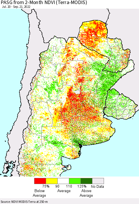 Southern South America PASG from 2-Month NDVI (Terra-MODIS) Thematic Map For 9/14/2022 - 9/21/2022