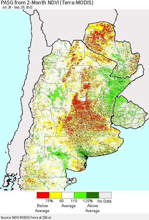 Southern South America PASG from 2-Month NDVI (Terra-MODIS) Thematic Map For 9/22/2022 - 9/29/2022