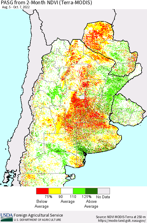 Southern South America PASG from 2-Month NDVI (Terra-MODIS) Thematic Map For 10/1/2022 - 10/10/2022