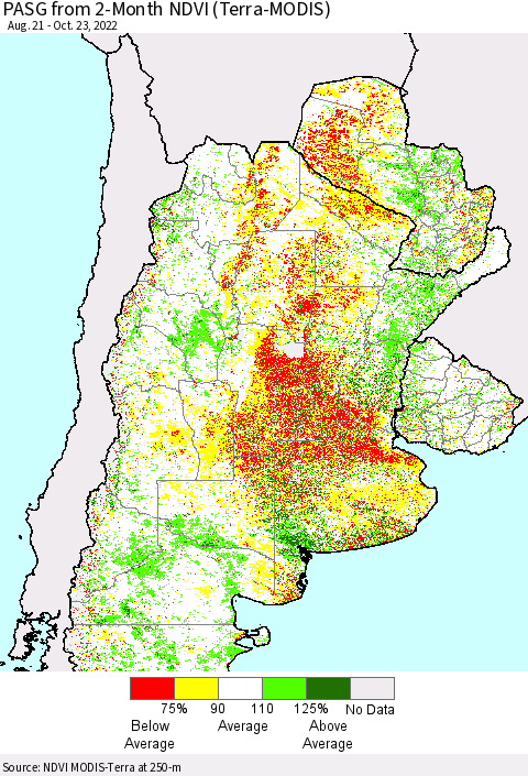 Southern South America PASG from 2-Month NDVI (Terra-MODIS) Thematic Map For 10/16/2022 - 10/23/2022