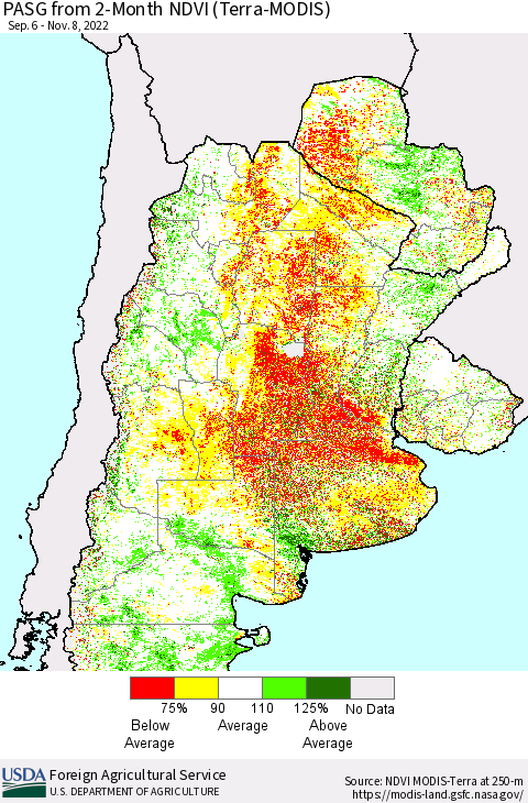 Southern South America PASG from 2-Month NDVI (Terra-MODIS) Thematic Map For 11/1/2022 - 11/10/2022