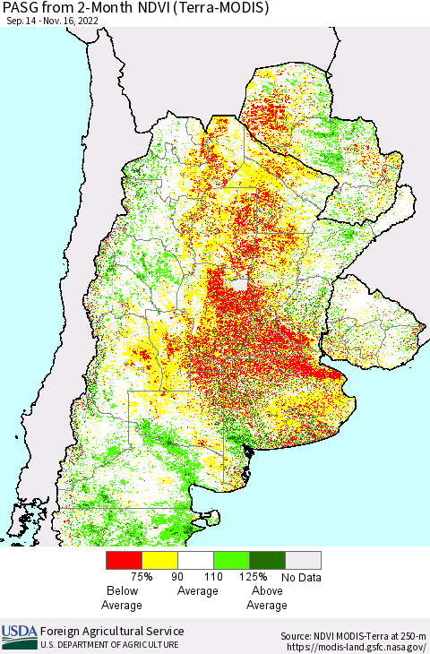 Southern South America PASG from 2-Month NDVI (Terra-MODIS) Thematic Map For 11/11/2022 - 11/20/2022