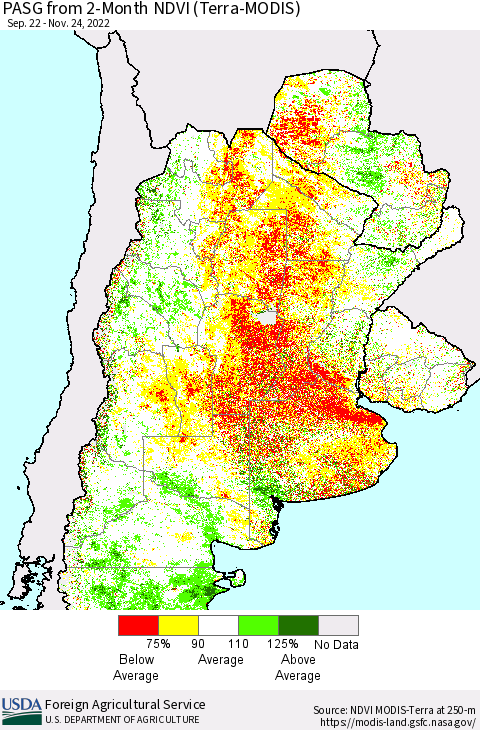 Southern South America PASG from 2-Month NDVI (Terra-MODIS) Thematic Map For 11/21/2022 - 11/30/2022