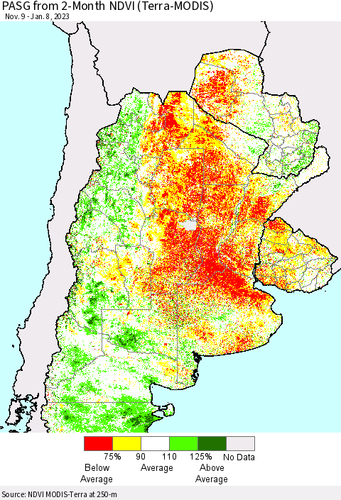Southern South America PASG from 2-Month NDVI (Terra-MODIS) Thematic Map For 1/1/2023 - 1/8/2023