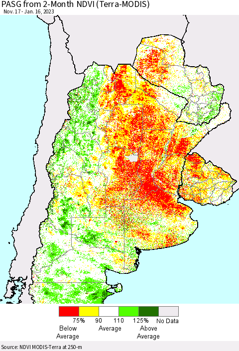 Southern South America PASG from 2-Month NDVI (Terra-MODIS) Thematic Map For 1/9/2023 - 1/16/2023