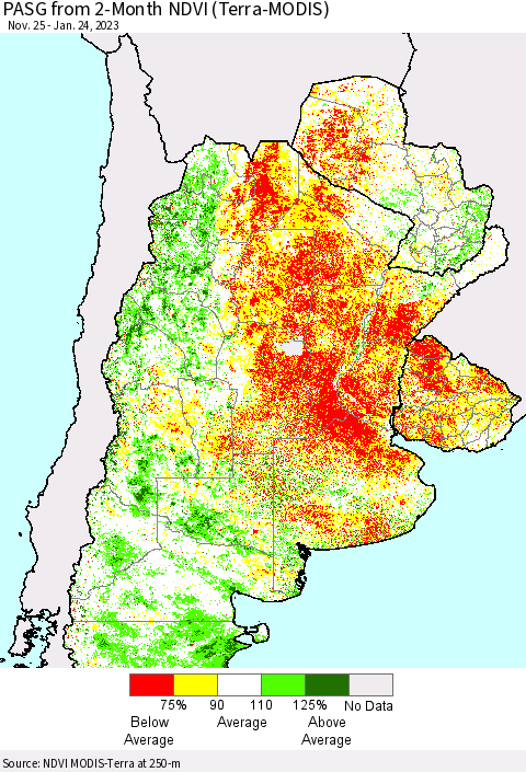 Southern South America PASG from 2-Month NDVI (Terra-MODIS) Thematic Map For 1/17/2023 - 1/24/2023