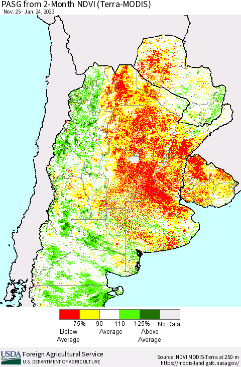 Southern South America PASG from 2-Month NDVI (Terra-MODIS) Thematic Map For 1/21/2023 - 1/31/2023