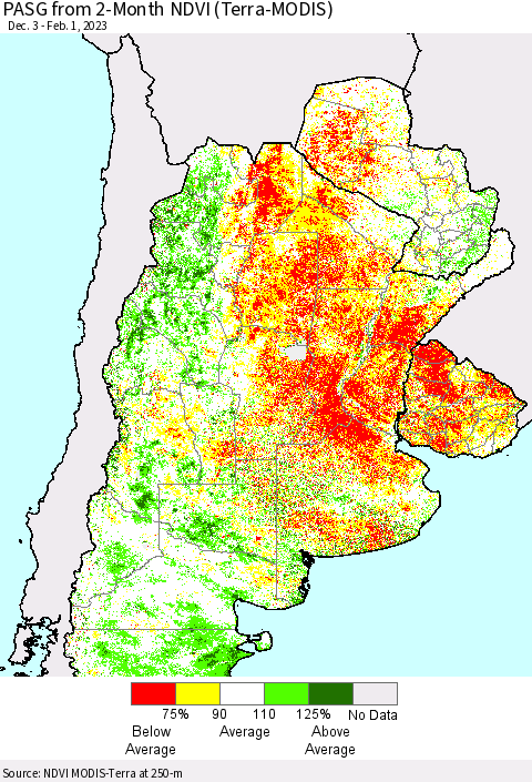 Southern South America PASG from 2-Month NDVI (Terra-MODIS) Thematic Map For 1/25/2023 - 2/1/2023