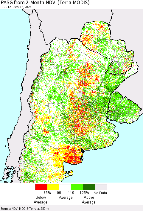 Southern South America PASG from 2-Month NDVI (Terra-MODIS) Thematic Map For 9/6/2023 - 9/13/2023
