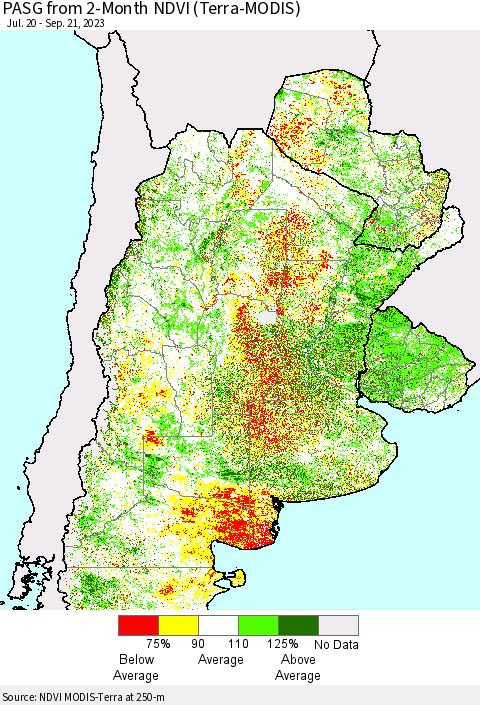 Southern South America PASG from 2-Month NDVI (Terra-MODIS) Thematic Map For 9/14/2023 - 9/21/2023
