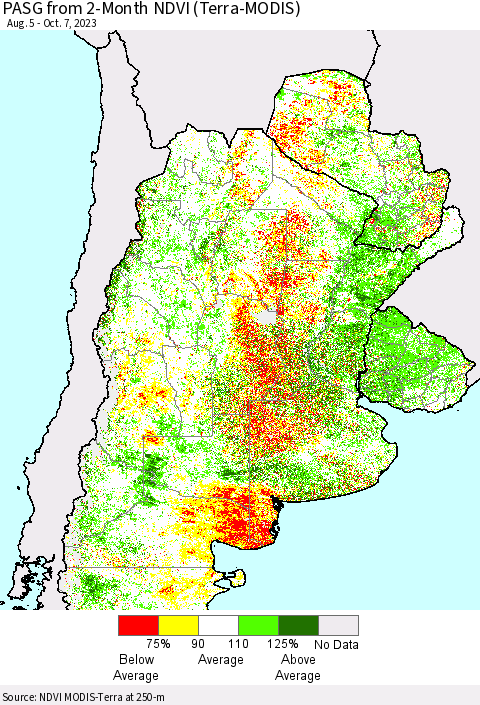 Southern South America PASG from 2-Month NDVI (Terra-MODIS) Thematic Map For 9/30/2023 - 10/7/2023