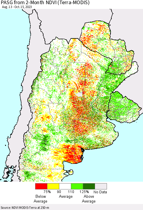 Southern South America PASG from 2-Month NDVI (Terra-MODIS) Thematic Map For 10/8/2023 - 10/15/2023