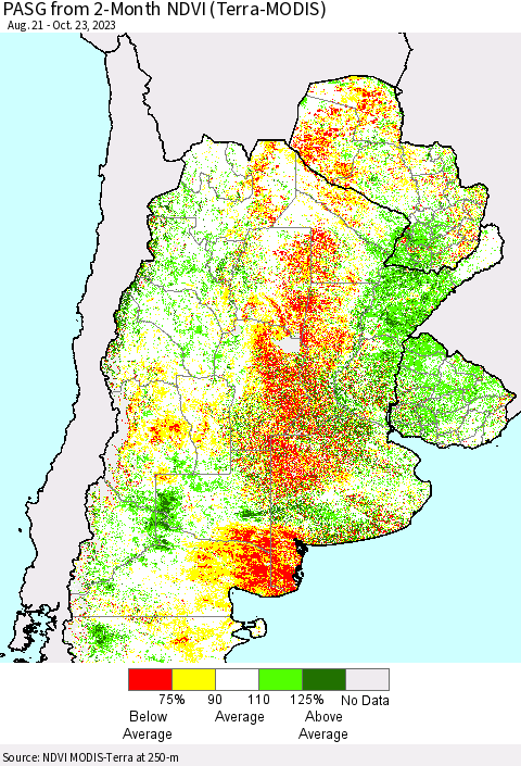Southern South America PASG from 2-Month NDVI (Terra-MODIS) Thematic Map For 10/16/2023 - 10/23/2023