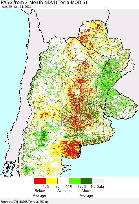 Southern South America PASG from 2-Month NDVI (Terra-MODIS) Thematic Map For 10/24/2023 - 10/31/2023