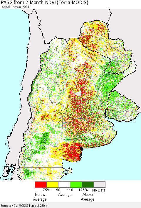 Southern South America PASG from 2-Month NDVI (Terra-MODIS) Thematic Map For 11/1/2023 - 11/8/2023