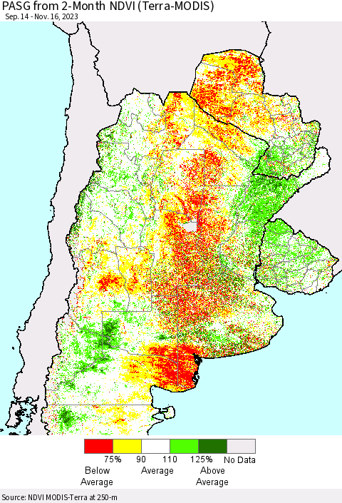 Southern South America PASG from 2-Month NDVI (Terra-MODIS) Thematic Map For 11/9/2023 - 11/16/2023