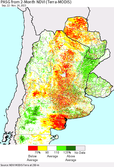 Southern South America PASG from 2-Month NDVI (Terra-MODIS) Thematic Map For 11/17/2023 - 11/24/2023