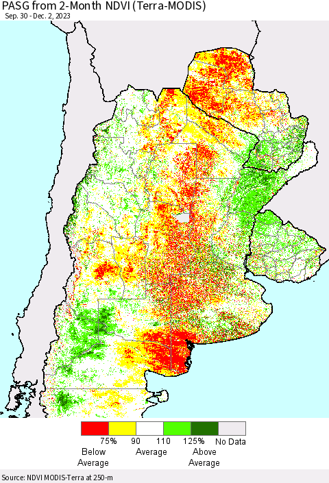 Southern South America PASG from 2-Month NDVI (Terra-MODIS) Thematic Map For 11/25/2023 - 12/2/2023