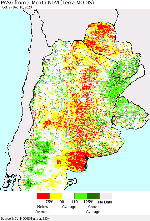 Southern South America PASG from 2-Month NDVI (Terra-MODIS) Thematic Map For 12/3/2023 - 12/10/2023