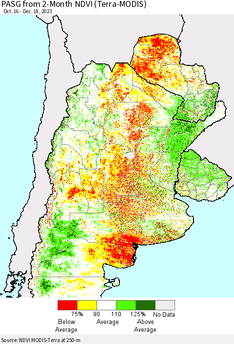 Southern South America PASG from 2-Month NDVI (Terra-MODIS) Thematic Map For 12/11/2023 - 12/18/2023