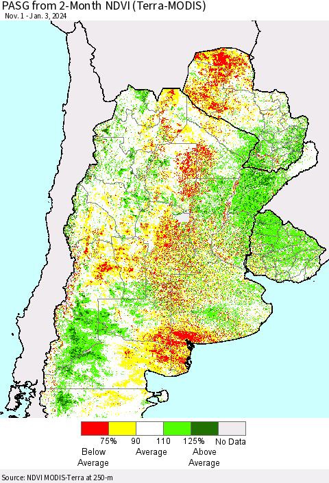Southern South America PASG from 2-Month NDVI (Terra-MODIS) Thematic Map For 12/27/2023 - 1/3/2024