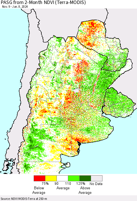 Southern South America PASG from 2-Month NDVI (Terra-MODIS) Thematic Map For 1/1/2024 - 1/8/2024