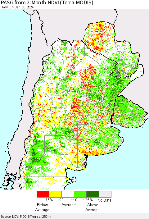 Southern South America PASG from 2-Month NDVI (Terra-MODIS) Thematic Map For 1/9/2024 - 1/16/2024