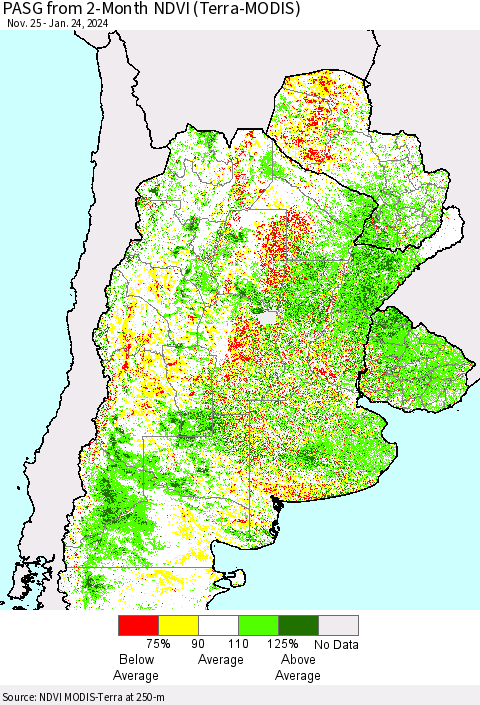 Southern South America PASG from 2-Month NDVI (Terra-MODIS) Thematic Map For 1/17/2024 - 1/24/2024