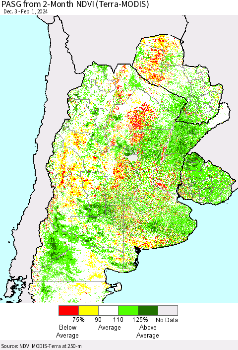 Southern South America PASG from 2-Month NDVI (Terra-MODIS) Thematic Map For 1/25/2024 - 2/1/2024