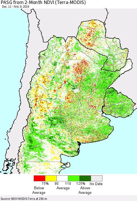 Southern South America PASG from 2-Month NDVI (Terra-MODIS) Thematic Map For 2/2/2024 - 2/9/2024