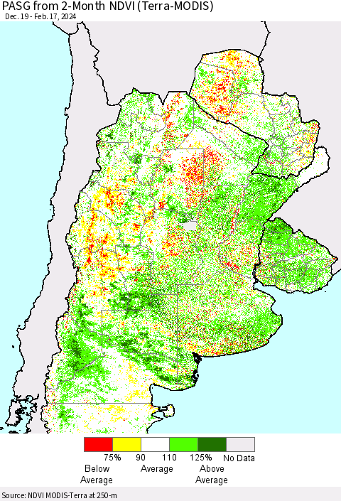 Southern South America PASG from 2-Month NDVI (Terra-MODIS) Thematic Map For 2/10/2024 - 2/17/2024