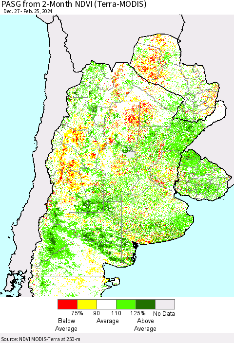 Southern South America PASG from 2-Month NDVI (Terra-MODIS) Thematic Map For 2/18/2024 - 2/25/2024