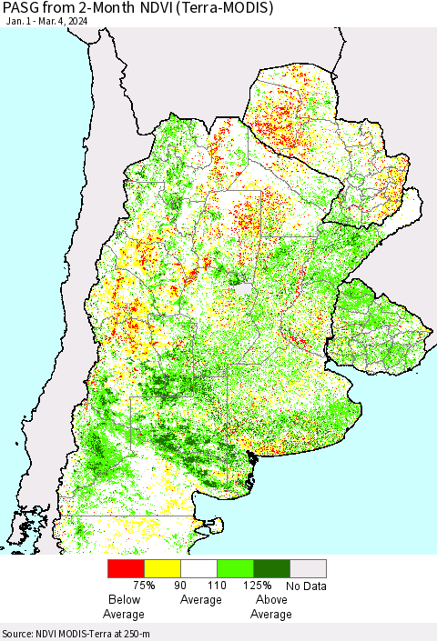 Southern South America PASG from 2-Month NDVI (Terra-MODIS) Thematic Map For 2/26/2024 - 3/4/2024