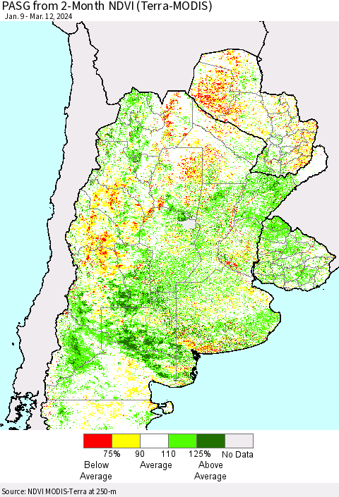 Southern South America PASG from 2-Month NDVI (Terra-MODIS) Thematic Map For 3/5/2024 - 3/12/2024