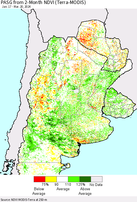 Southern South America PASG from 2-Month NDVI (Terra-MODIS) Thematic Map For 3/13/2024 - 3/20/2024