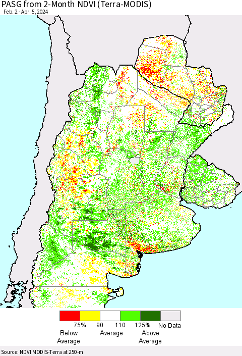 Southern South America PASG from 2-Month NDVI (Terra-MODIS) Thematic Map For 3/29/2024 - 4/5/2024