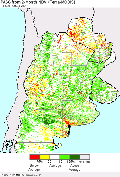 Southern South America PASG from 2-Month NDVI (Terra-MODIS) Thematic Map For 4/6/2024 - 4/13/2024