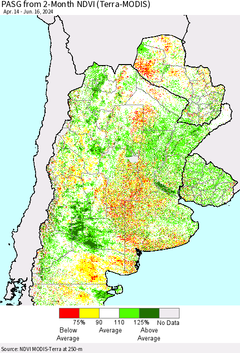 Southern South America PASG from 2-Month NDVI (Terra-MODIS) Thematic Map For 6/9/2024 - 6/16/2024
