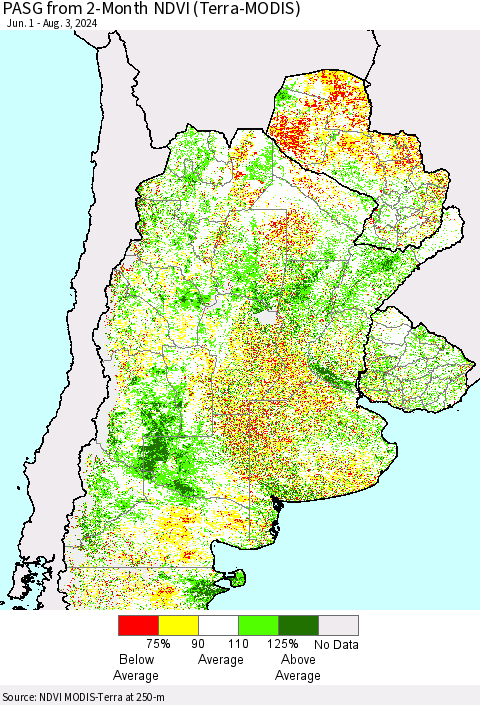 Southern South America PASG from 2-Month NDVI (Terra-MODIS) Thematic Map For 7/27/2024 - 8/3/2024