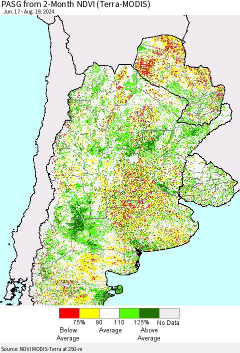 Southern South America PASG from 2-Month NDVI (Terra-MODIS) Thematic Map For 8/12/2024 - 8/19/2024