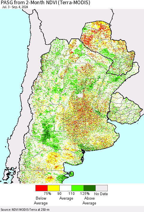 Southern South America PASG from 2-Month NDVI (Terra-MODIS) Thematic Map For 8/28/2024 - 9/4/2024