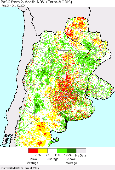 Southern South America PASG from 2-Month NDVI (Terra-MODIS) Thematic Map For 10/23/2024 - 10/30/2024