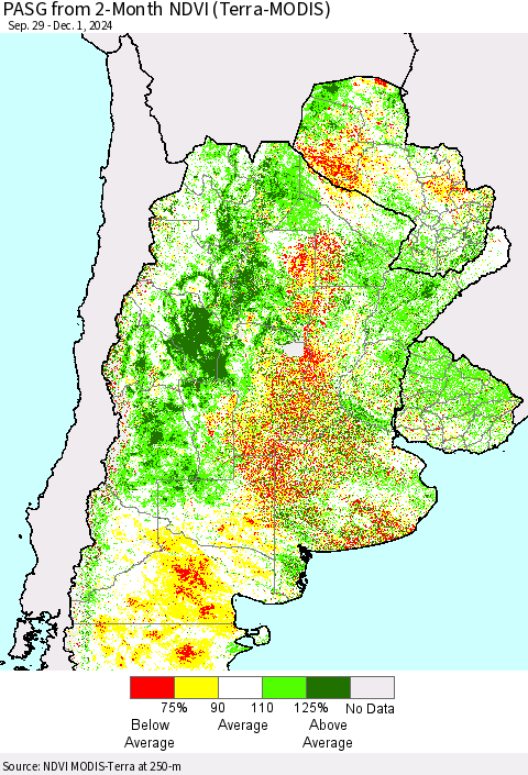 Southern South America PASG from 2-Month NDVI (Terra-MODIS) Thematic Map For 11/24/2024 - 12/1/2024