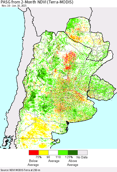 Southern South America PASG from 2-Month NDVI (Terra-MODIS) Thematic Map For 1/9/2025 - 1/16/2025